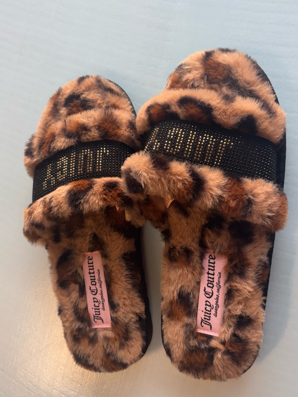 Juicy Couture Leopard Faux Fur Slide Sandals - Brown & Black